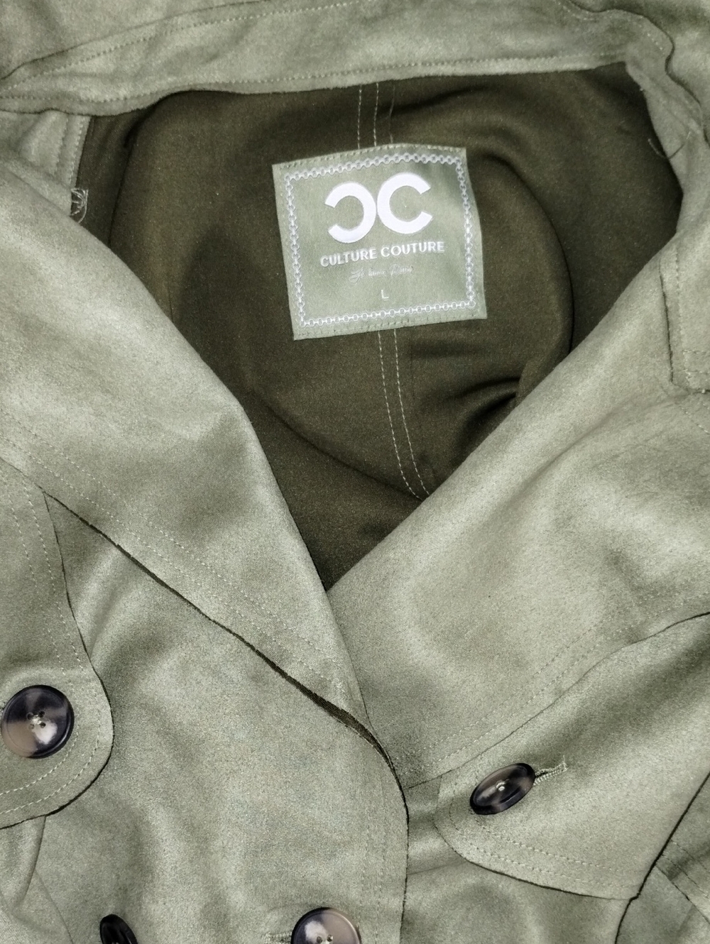 Culture Couture Trench Coat Faux Suede Soft Green sz Large